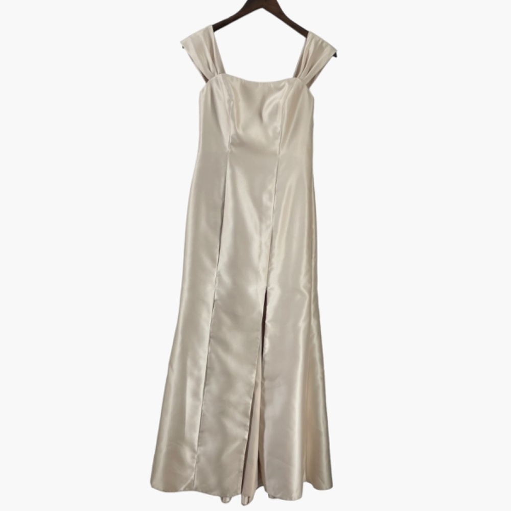 Alfred Sung Champagne Beige Off the Shoulder Bow Back Satin Dress - Picture 4 of 10